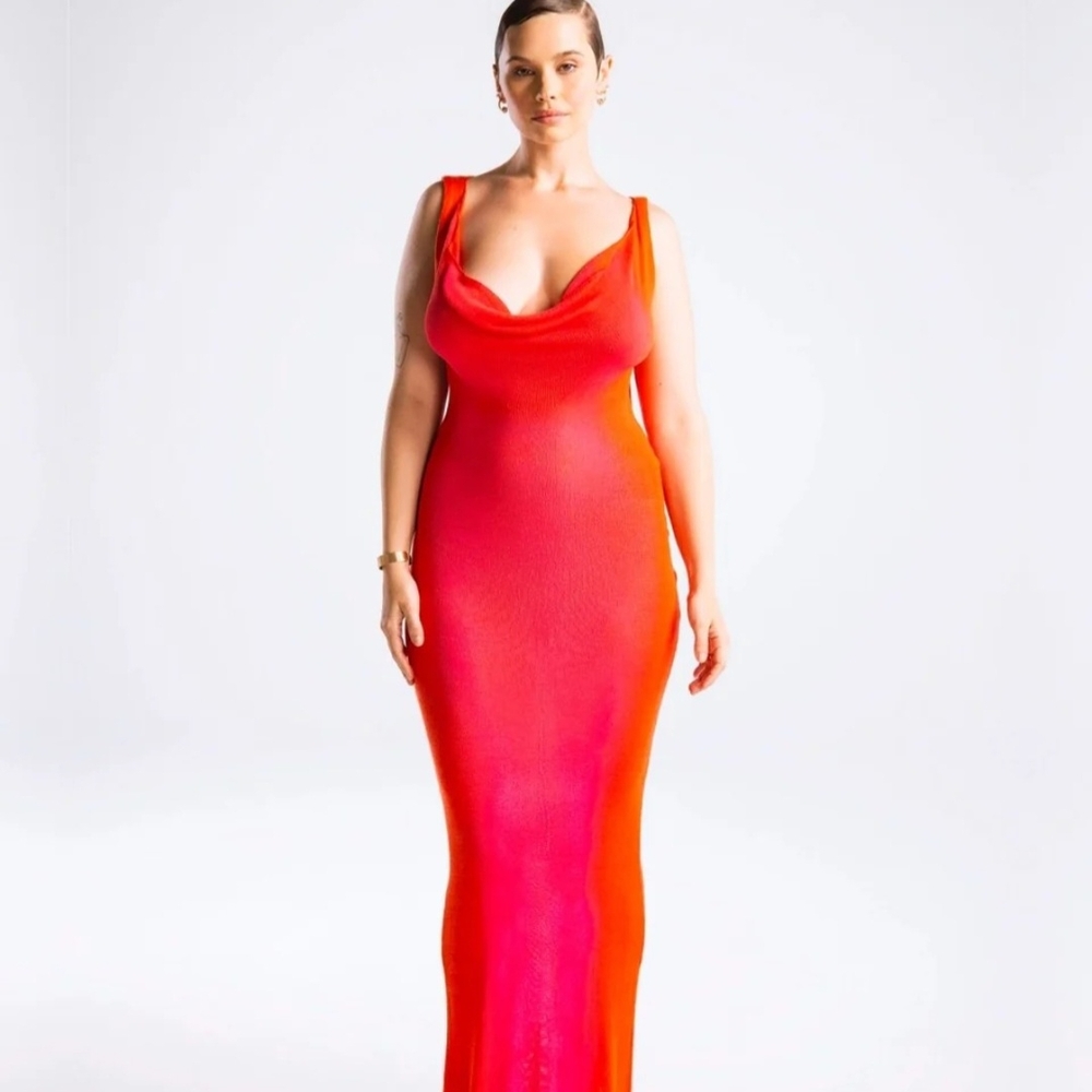 Hanifa Red and Orange Backless Bustier Bodycon Maxi Dress
